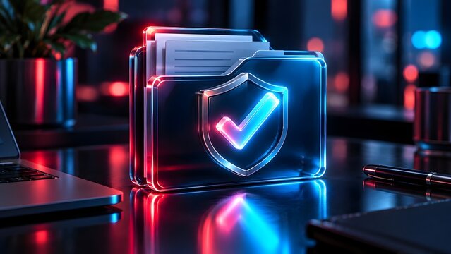 Glowing blue and red digital file folder with shield and checkmark icon representing verified secure document storage and cyber data protection