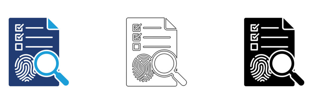 Multicolor Document Fingerprint Search Icon Set with Filled and Outline Styles for Identity Verification Document Authentication Biometric Security and Digital Record Inspection 