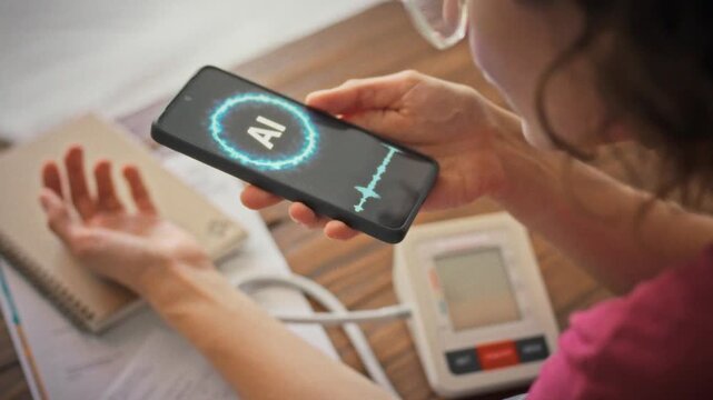 Daytime health monitoring - a young woman with a blood pressure cuff consults an AI assistant on her smartphone on a sofa next to a wooden table with papers and white furniture in the background