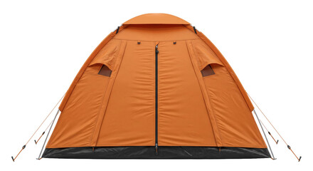 Large orange dome camping tent with front zipper door and mesh windows isolated on black © Ophelia