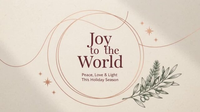 Elegant Christmas greeting design featuring Joy to the World typography, delicate olive branches, and flowing line art on a warm textured background.