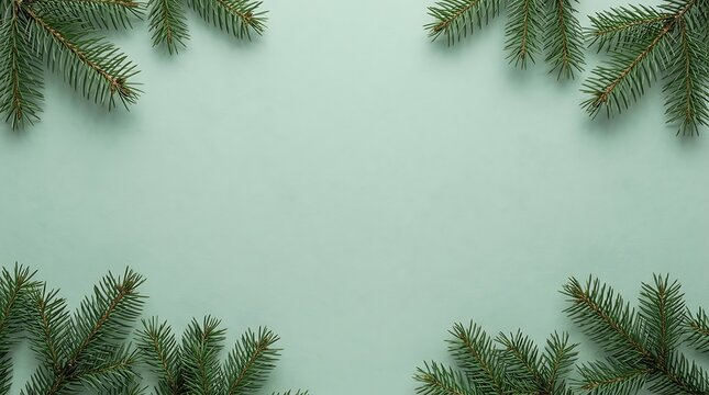 Evergreen pine branches framing a soft mint background with natural light for seasonal themes