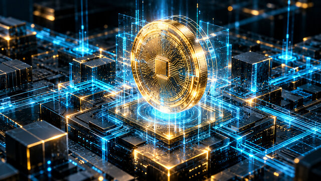 Golden digital coin with microchip circuitry standing on a glowing blue motherboard platform representing fintech and cryptocurrency