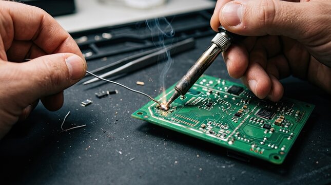 Close up of hands soldering components onto a green printed circuit board during electronics repair