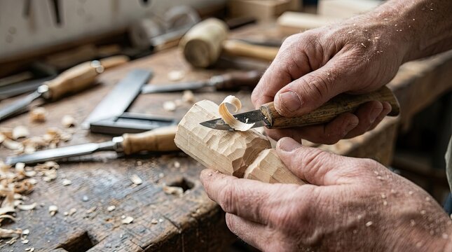 Close up of a craftsman's hands carefully carving a detailed wooden sculpture with chisels