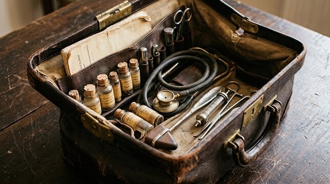 Vintage open leather case filled with antique tools and equipment for measuring and drafting