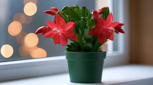 Christmas cactus schlumbergera displaying vibrant red blooms in a green pot, sitting on a white windowsill with warm, out of focus bokeh lights creating a festive winter atmosphere indoors