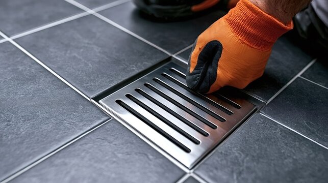 Handyman in orange work glove installing a new metal linear floor drain into modern dark grey tiled bathroom floor during renovation and construction work