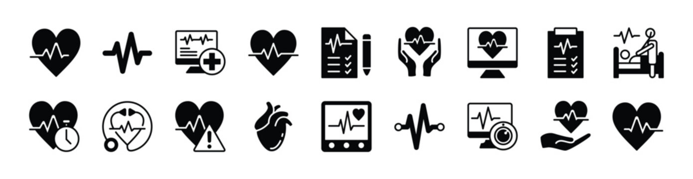 Cardiogram icon vector set. Heartbeat sign and symbol. Beat, wave, rhythm, rate of heart. Contains healthy pulse, EKG, cardiac, digital exam, love, health data, stethoscope, monitoring - illustration