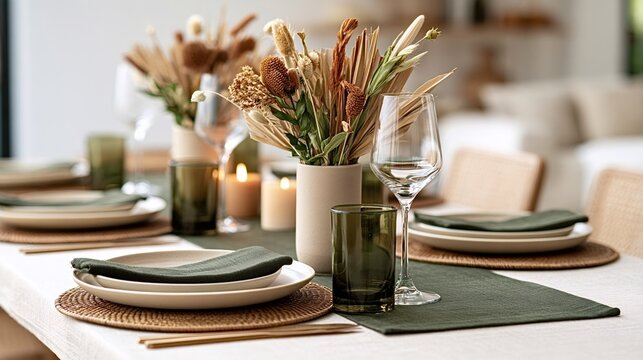 Dining table with beige plates, dark green napkins and woven placemats, dried flower centerpiece and candlelight creating a warm, elegant, rustic atmosphere for entertaining