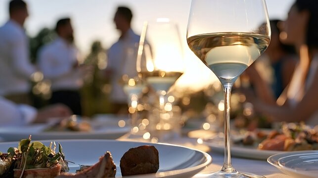 White wine glass on a table with gourmet food, soft bokeh lights, and people socializing in the background, capturing an elegant outdoor dinner party at sunset