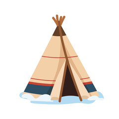 Flat vector illustration of a traditional Eskimo tent with wooden poles, colorful stripes and snow, representing Arctic shelter, Inuit culture and winter camping. © Universe Mary