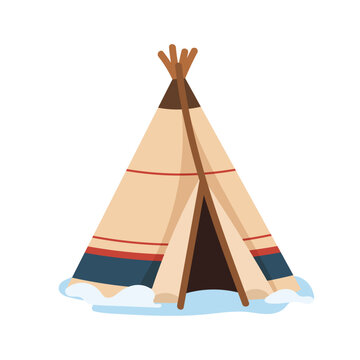 Flat vector illustration of a traditional Eskimo tent with wooden poles, colorful stripes and snow, representing Arctic shelter, Inuit culture and winter camping.