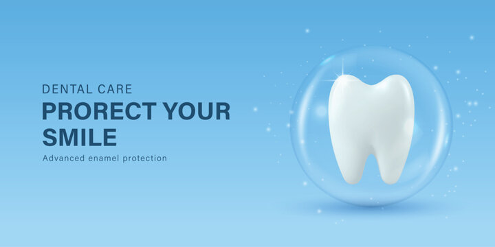 Dental Care Banner, Vector Illustration. Horizontal Dental Care Banner with 3d White Tooth. Dental Care Banner on Light Blue Background for Dentistry, Oral Health, Tooth Protection, Treatment