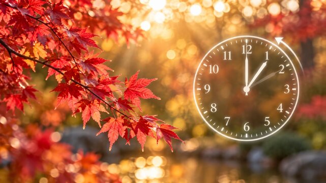 Fall back concept with golden ginkgo leaves and clock graphic against a bright autumn sunlit park background representing daylight saving time change.