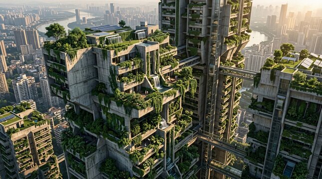 Aerial view of brutalist residential architecture vertically integrated with thousands of cascading green plants on every concrete balcony