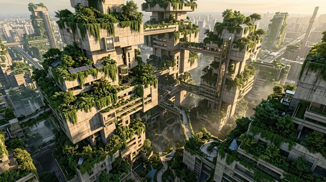 Aerial view of brutalist residential architecture vertically integrated with thousands of cascading green plants on every concrete balcony