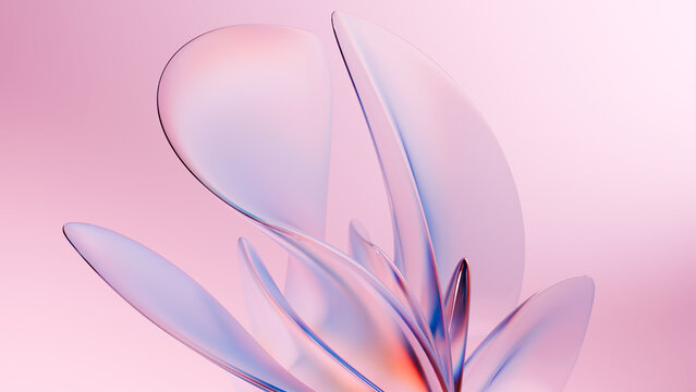 Elegant Pastel Pink Abstract Background with Sculptural Transparent Shapes and Futuristic 3D Glass Design