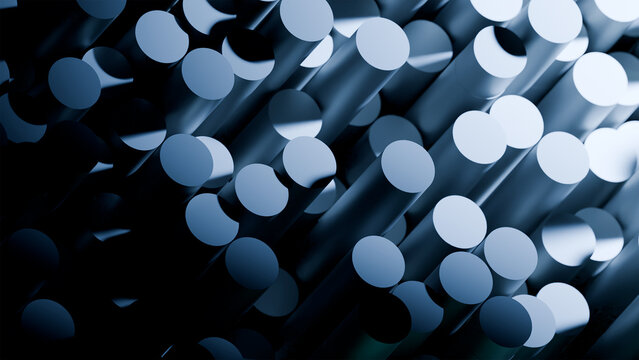 Dark Navy Blue Abstract Background with Glossy Tubular Shapes and Soft Light Blue Circular Forms