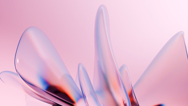 Abstract Pink and Blue Translucent Glass Waves with Iridescent Reflections and Soft Gradient Background