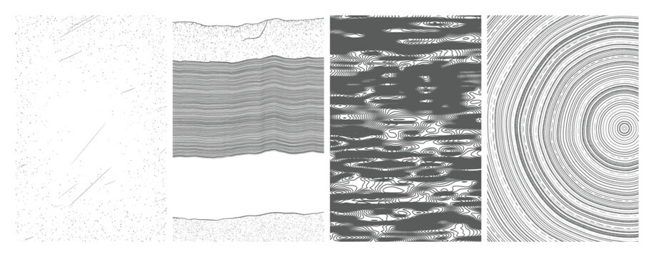 Set of four monochrome textures featuring stippled noise, horizontal parallel lines, organic wavy contours, and concentric circular rings