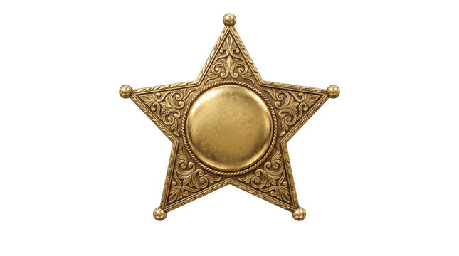 Vintage gold sheriff star badge with ornate floral patterns decorative element