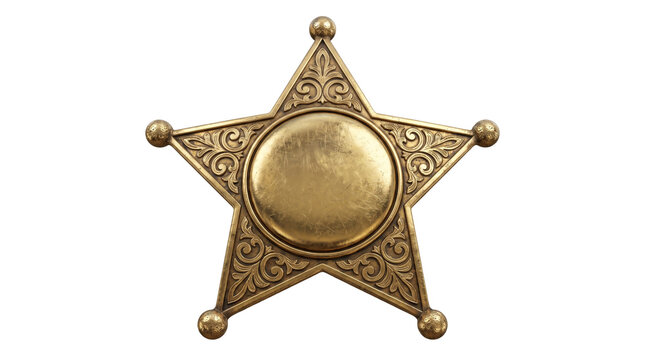 Vintage golden sheriff star badge with ornate floral engravings for law