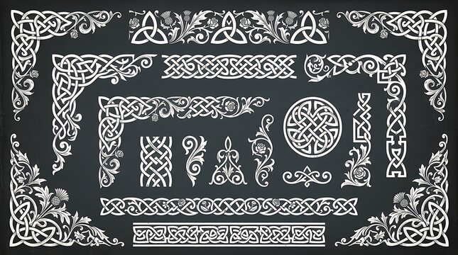 Intricate vintage collectiondecorative white celtic knots and botanical floral flourishes arranged as elegant borders against a dark background celtic ornaments floral borders vintage design
