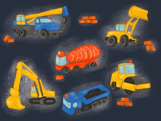 Hand Drawn Construction Vehicles Set on Dark Background © Natali