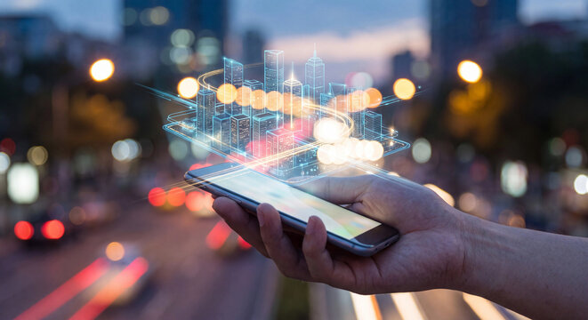 : Smart city hologram photo above smartphone in hand with digital buildings and bokeh lights
