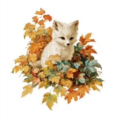 Naklejka premium Adorable fox surrounded by vibrant autumn leaves.
