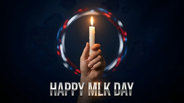 Hand holding a lit candle against a dark background, with circular light, trails and mlk day