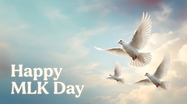 Three white doves flying in a cloudy sky with happy mlk day