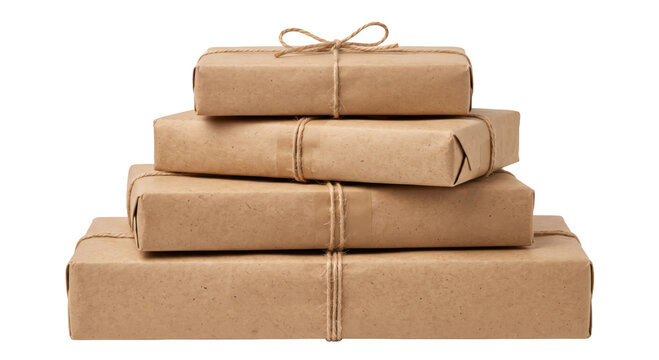 Stack of kraft paper gift parcels tied with twine against a contrasting black background