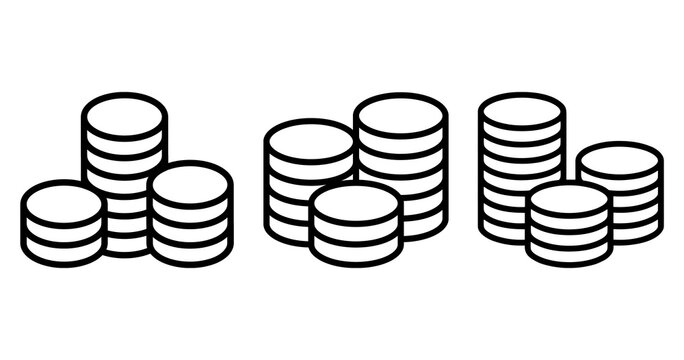 Stacked coin icon set, outline and solid style, finance and currency symbols on transparent background Png
