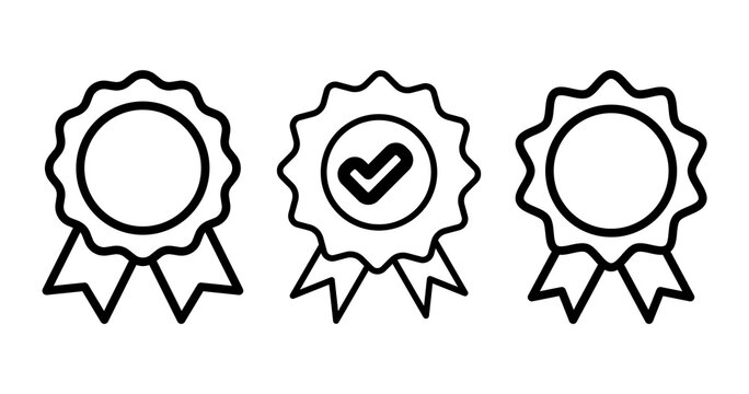 Award ribbon icon with check mark set, stroke and solid fill, representing quality or success Png