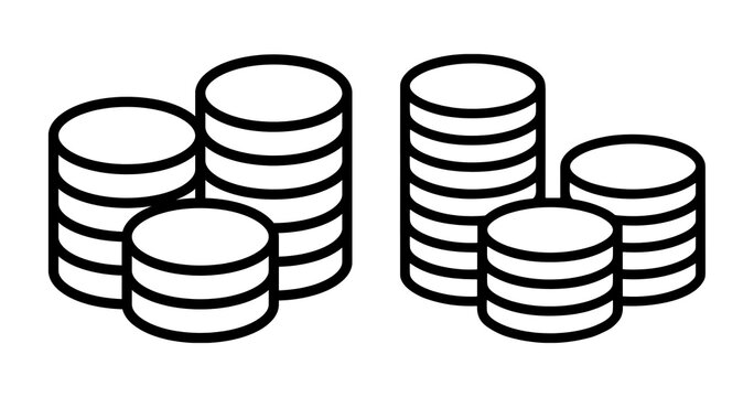 Stacked coin icon set, outline and solid style, finance and currency symbols on transparent background Png