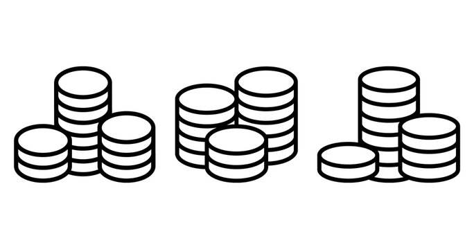 Stacked coin icon set, outline and solid style, finance and currency symbols on transparent background Png