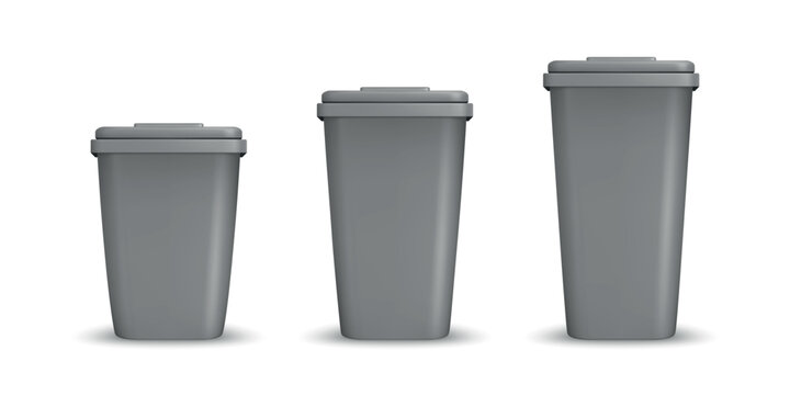 Gray Trash Bins, Vector Illustration. 3d Trash Bins in Three Sizes. Trash Bins Isolated for Outdoor Waste, Garbage, Recycling, Street Cleaning, City Parks, Public Spaces