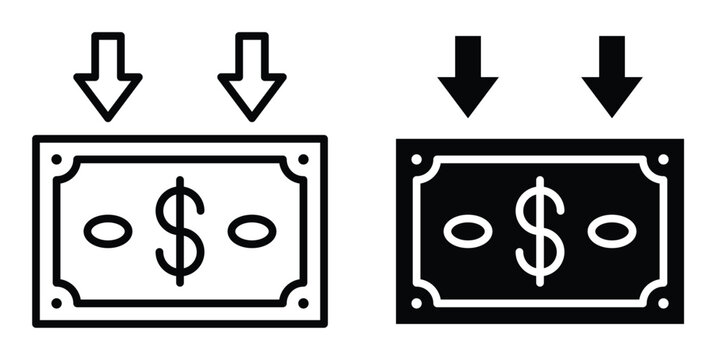 Money loss icon dollar bill down arrow vector illustration financial crisis decrease cost reduction symbol isolated on white background
