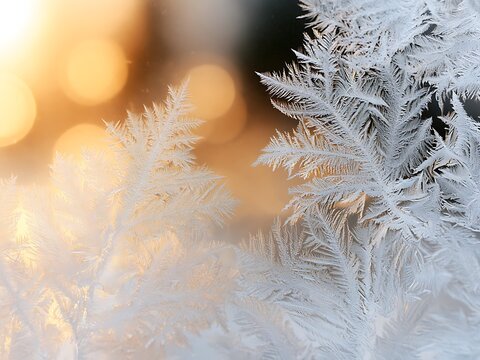 Frost patterns on winter window pane with beautiful golden bokeh lights background