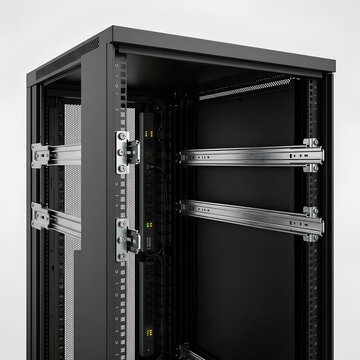 Industrial server rack cabinet with PDU and hardware rails in a data center