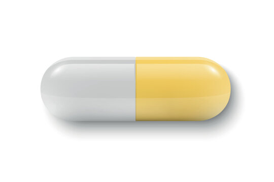 Yellow Capsule Pill, Vector Illustration. 3d Capsule Pill with White Half. Capsule Pill Isolated. Medicine, Pharmacy, Health, Prescription, Treatment, Dosage, Pharmaceutical, Medical Design