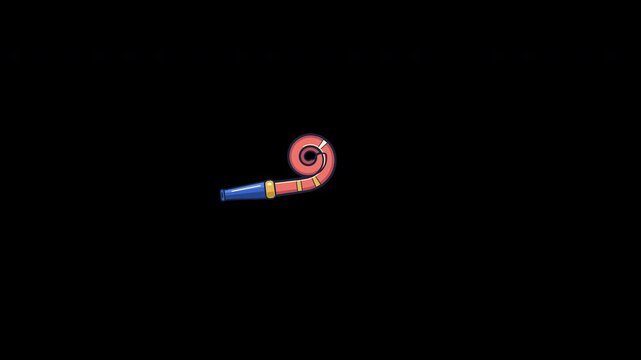 Centered party blower smoothly uncurls straight when blown as festive New Year stars gently appear and fade out. Seamless 6s 4K 60fps loop.