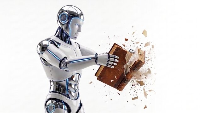 Ai robot destroying old book, artificial intelligence replacing traditional education and printed media concept, sci-fi art
