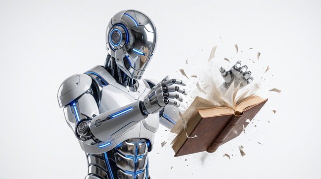 Ai robot destroying old book, artificial intelligence replacing traditional education and printed media concept, sci-fi art