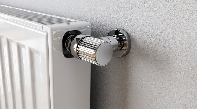 Close up of white panel radiator with chrome thermostatic valve on textured wall. Modern home heating system equipment provides domestic warmth, temperature control. Energy efficient heating unit