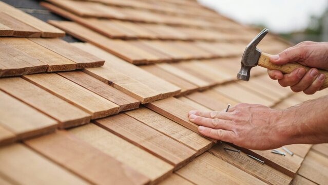 Handyman installs cedar wood shingles on residential rooftop using hammer and nails for home renovation exterior projects.