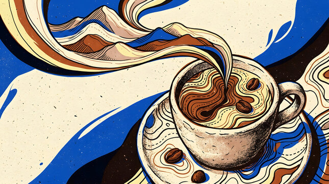 Conceptual coffee vector illustration of an espresso cup transformed into a topographic landscape with crema contour lines, sculptural steam, and floating roasted beans.