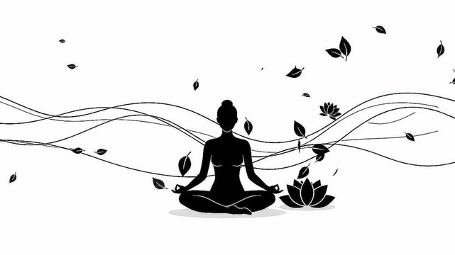 Yoga meditation concept vector illustration with woman silhouette